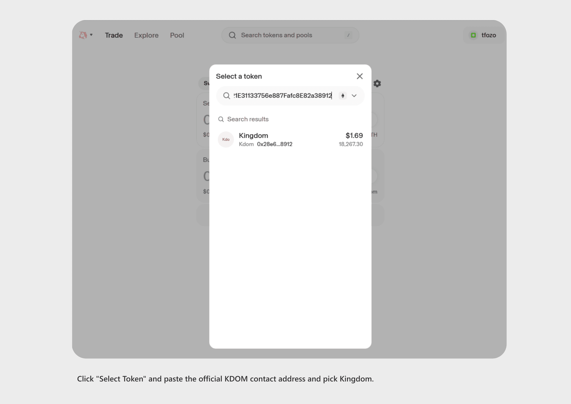 Token selection dropdown on Uniswap